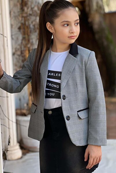 Riccotarz Girl's Text Printed T-Shirt Pocket Detailed Checkered Blazer Jacket Black Jean Skirt Set