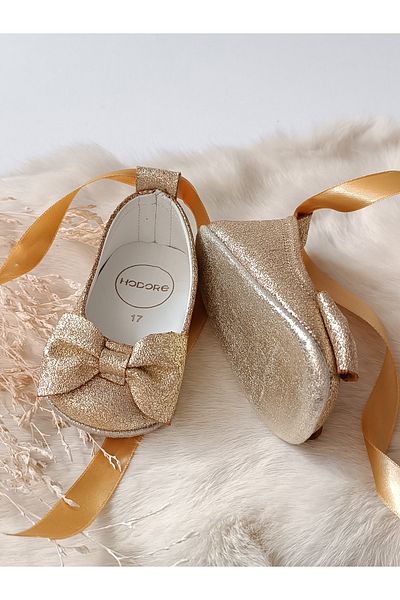 Hodore Perla Gold Genuine Leather Baby Loafer Ballerina Shoes