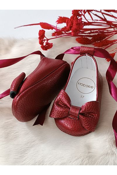 Hodore Perla Burgundy Genuine Leather Baby Loafer Ballerina Shoes