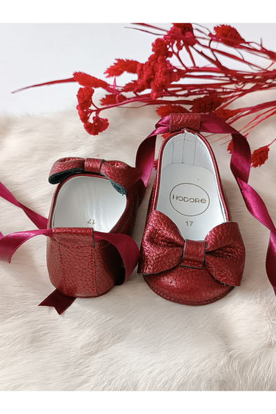 Hodore Perla Burgundy Genuine Leather Baby Loafer Ballerina Shoes