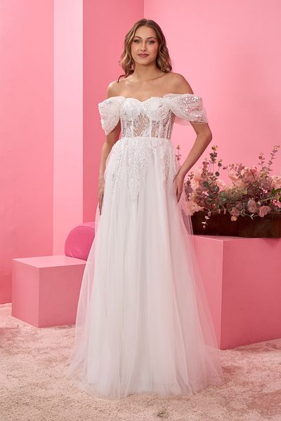 Lenta Moda White Beaded Lace Covering and Feather Detailed Maxi Length Evening Dress