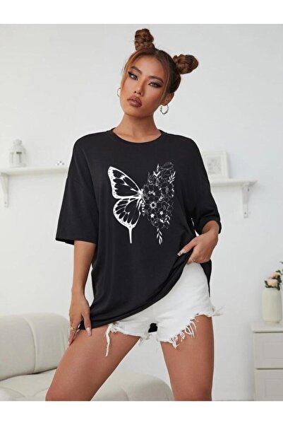 Deocept Tricou supradimensionat pentru femei, negru, cu flori, fluture