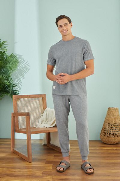 Sevim Set pijama cu mânecă scurtă pentru bărbați, gri Melange C1T6N49