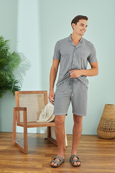 Sevim Ανδρικό κοντομάνικο μπροστινό κουμπιά γκρι μελανζέ σορτς πιτζάμα C2T6N49