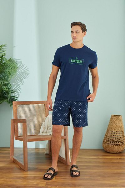 Sevim Men's Short Sleeve Navy Pajamas Suit with Shorts C0T8N49