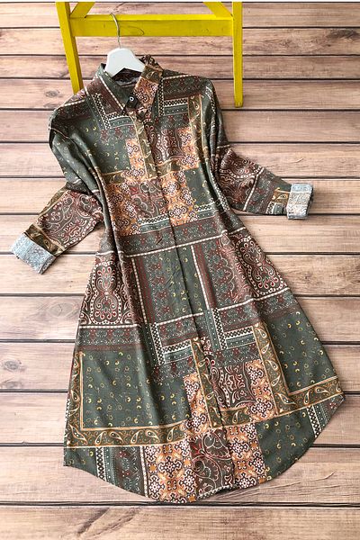 MODAQU Ethnic Pattern Tunic - Khaki