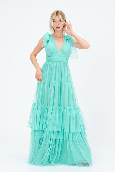Neşeli Butik γυναικείο μέντα φόρεμα βραδινό φόρεμα από τούλι με λαιμόκοψη V NBS9271