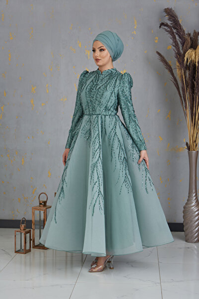 Surikka فستان سهرة للأميرة مزين بالدانتيل من الأمام باللون النعناعي