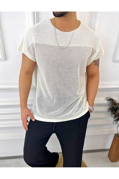elkumoda T-Shirt Breathable Anti-Sweat Knitted Cotton Mesh T-Shirt