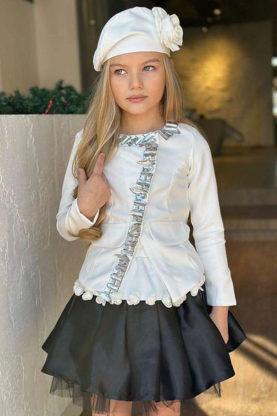 Riccotarz Girl's Collar and Neck Stone Embroidered Blazer Jacket Tulle Black Skirt Set