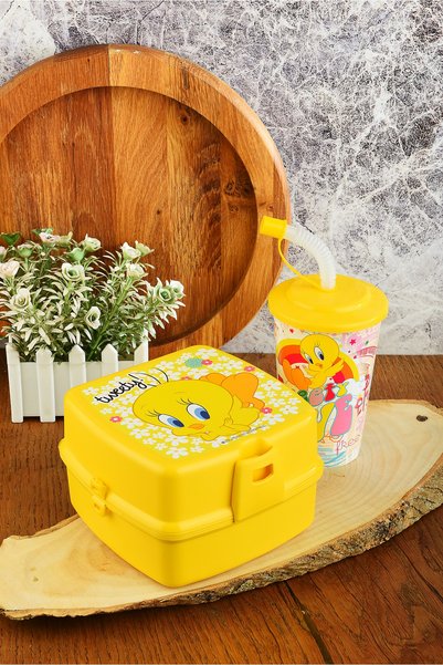 Cosines Tweety İki Katlı Beslenme Kutusu+Kapaklı Pipetli Bardak 400 ml.