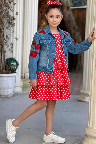 Riccotarz Girl's Flower Printed Denim Jacket Polka Dot Layered Pleated Red Dress