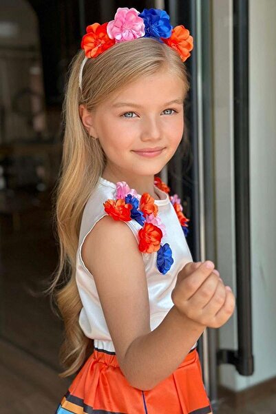 Riccotarz Bluză pentru fetiță 3D cu brodat trandafiri, cu dungi colorate, costum cu fustă albastră