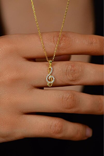 Roza Silver Zirkon Taşlı Gold Sol Anahtarı Minimal Gümüş Kolye