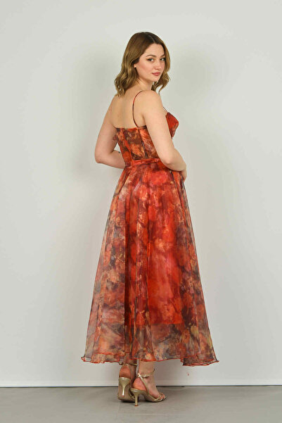 Dans Γυναικείο βραδινό φόρεμα με λεπτομέρειες από τούλι 1579 πορτοκαλί