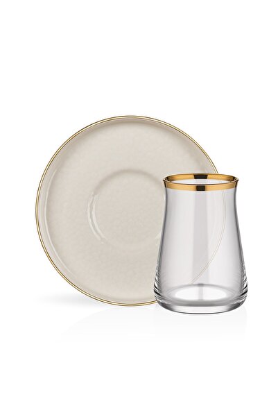 Glore Krem altın Yaldızlı 12 Parça 6 Kişilik Seramik Çay Takımı