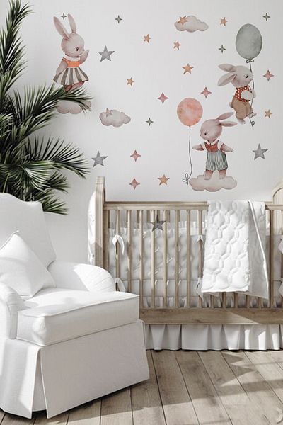 TUGİBU Rabbit Clouds and Stars Themed Children's Room Wall Sticker Set