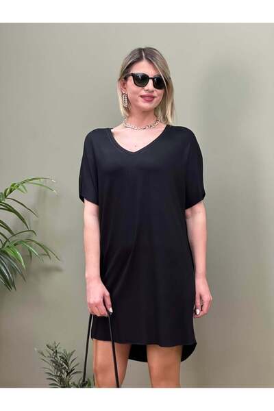 ubmbutik فستان نسائي قصير الأكمام برقبة على شكل حرف V