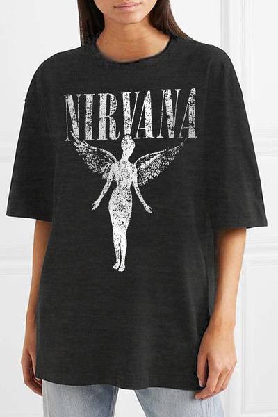 ROCKANDROLL Γυναικείο κοντομάνικο μπλουζάκι Angel Nirvan Anthracite Oversize