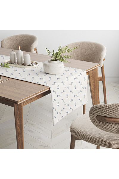 Karma Home Blue Floral Patterned Ecru Runner - Linen Look, Digital Printed