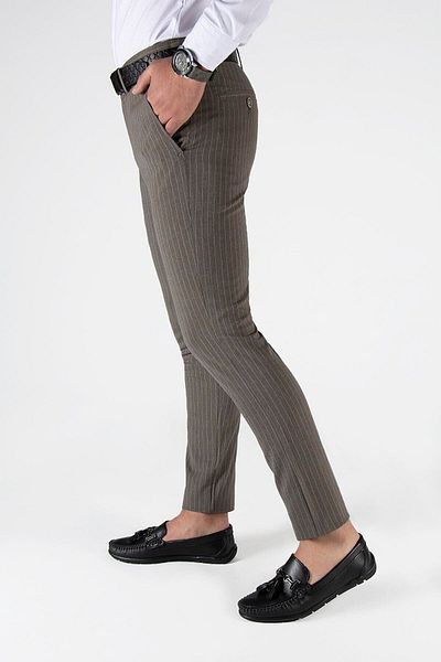 ADEGO Ανδρικό λινό παντελόνι Coffee Color Slim Fit ριγέ - Ιταλική κοπή