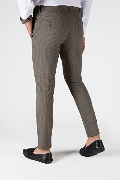 ADEGO Ανδρικό λινό παντελόνι με λεπτή εφαρμογή όρθιο ριγέ ιταλικό κομμένο καφέ