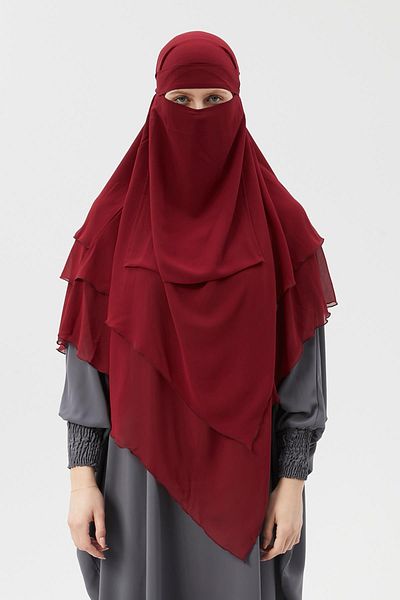 Altobeh Gata practic șifon triplu strat cu voal triunghi Hajj Umrah șal souffle Hijab Nikap Claret Red