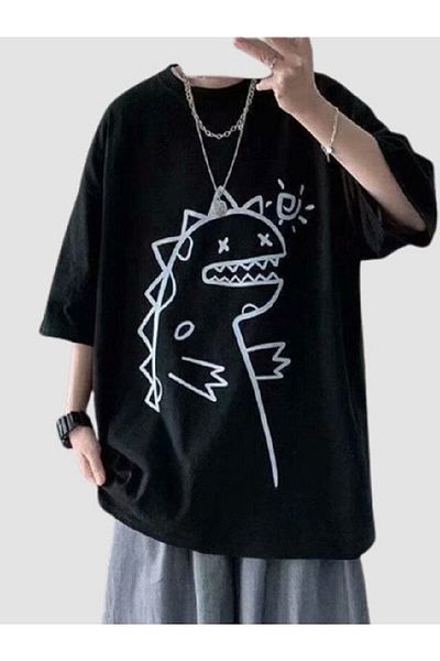 SELF CONTROL Tricou oversize unisex cu imprimeu Doodle Godzilla