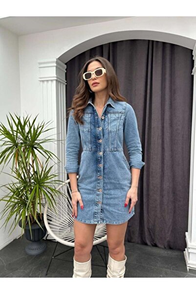 HARMONY GLOBAL Rochie de damă, cu mâneci lungi, din denim, cu buzunar, mini rochie 6043