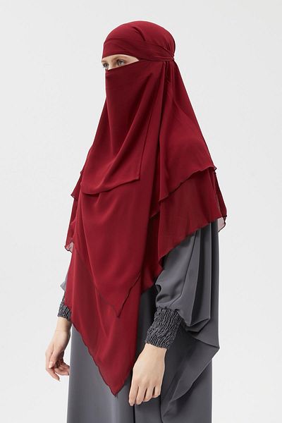 Altobeh Gata practic șifon triplu strat cu voal triunghi Hajj Umrah șal souffle Hijab Nikap Claret Red