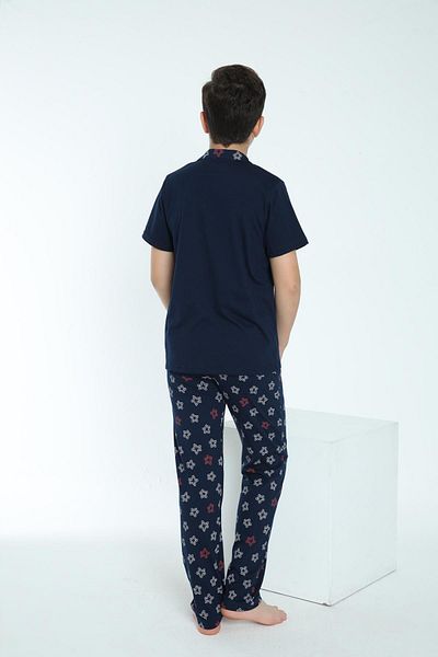 Sevim Boy's Short Sleeve Front Buttoned Navy Blue Pajamas Suit C4T7N68