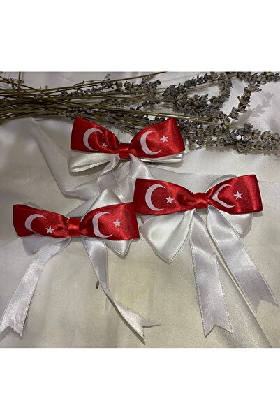 sema aksesuar 3 Pieces April 23 Special Crescent Star Turkish Flag Red Ribbon Bow Buckle - Holiday Buckle - Clip