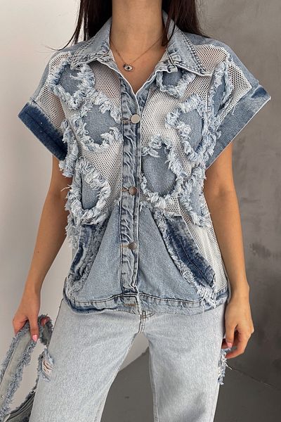 FEMELLE Jachetă de blugi pentru femei, cu plasă albastră, cu design de buzunar