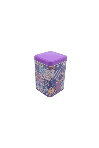 EVLE Ef022-o0 Purple Plaid Patterned Flat Purple Patterned Square Metal Storage Container 11x11 Cm