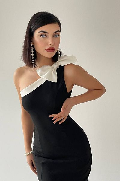 lovebox Women's Atlas Fabric One Shoulder Design Bow and Slit Detail Midi Black Evening Dress 235