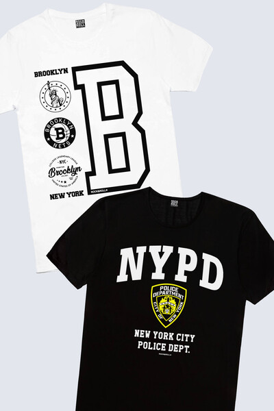 ROCKANDROLL تي شيرت رجالي بشعار بروكلين باللون الأبيض، NYPD مكون من قطعتين صد...