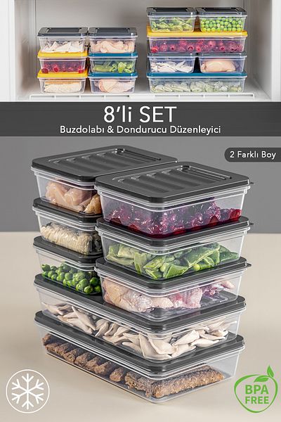 Meleni Home 8-Piece Refrigerator Organizer Microwave and Diffuser Convenient Storage Container 2 X 1200 ml - 6 X 600 ml