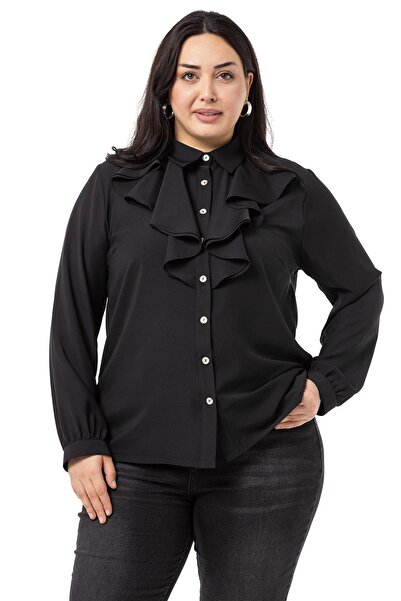 DISENTIS MODEST Büyük Beden Yakası Çift Volanlı Siyah Gömlek