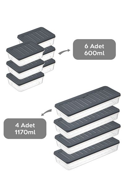Meleni Home 10-Piece Refrigerator Organizer Storage Container Suitable for Microwave and Freezer Anthracite 4 X 1170 ml - 6 X 600ml
