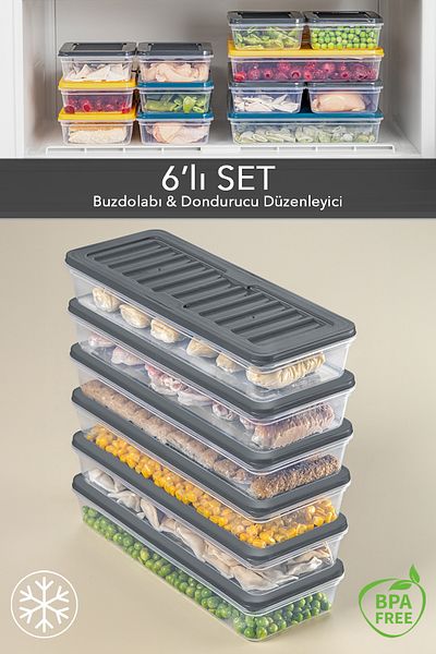Meleni Home 6-Piece Refrigerator Organizer Storage Container Suitable for Microwave and Freezer Anthracite 6 X 1170 ml