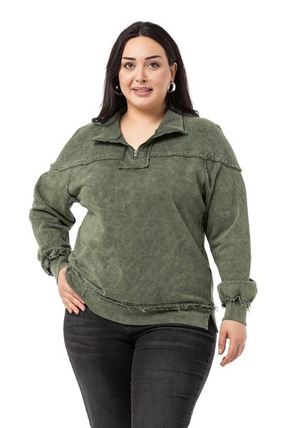 DISENTIS MODEST Plus Size Filthy Stitched Zippered Slit Piece Painted Khaki Sweatshirt