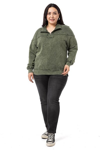 DISENTIS MODEST Plus Size Filthy Stitched Zippered Slit Piece Painted Khaki Sweatshirt