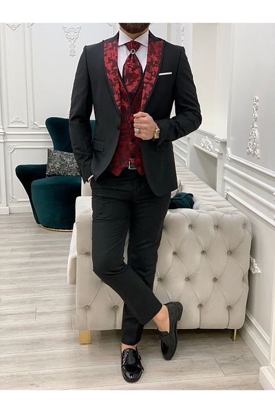 LONATOLİA Men's Double-breasted Tuxedo with Groom's Pattern Lapel Italian Style Slim Fit Jacket Vest Pants Bow Tie-Black