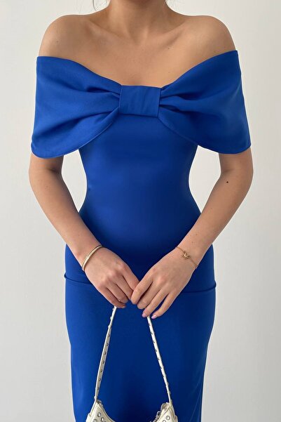 bayansepeti Синя атласна тканина, без бретелей, комір-бантик, дизайн, міді-сукня-футляр 237