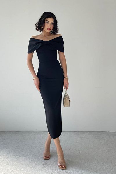 lovebox Women's Atlas Fabric Strapless Collar Bow Design Black Midi Pencil Evening Dress 237