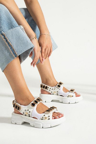 Seniorah Midas White-Black Skin Women's Sandals