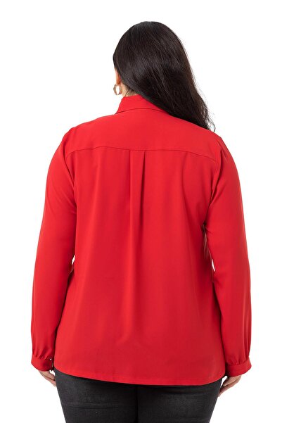 DISENTIS MODEST Plus Size Red Shirt with Double Flywheel Collar