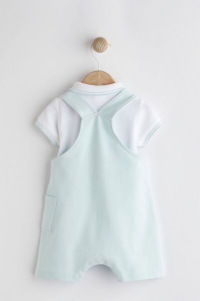 Next Baby 100% Cotton Blue Boat Embroidered Salopet Bodysuit Set