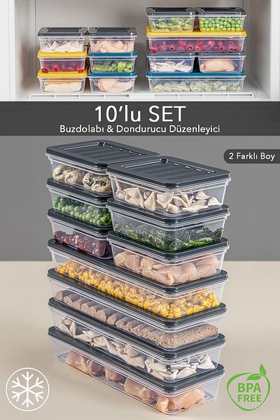 Meleni Home 10-Piece Refrigerator Organizer Storage Container Suitable for Microwave and Freezer Anthracite 4 X 1170 ml - 6 X 600ml
