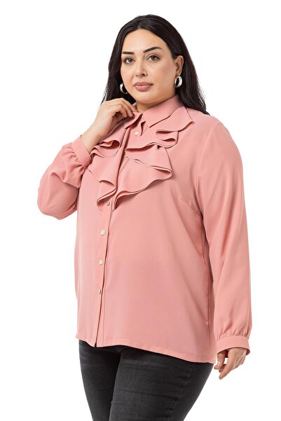 DISENTIS MODEST Plus Size Collar Double Flywheel Powder Shirt